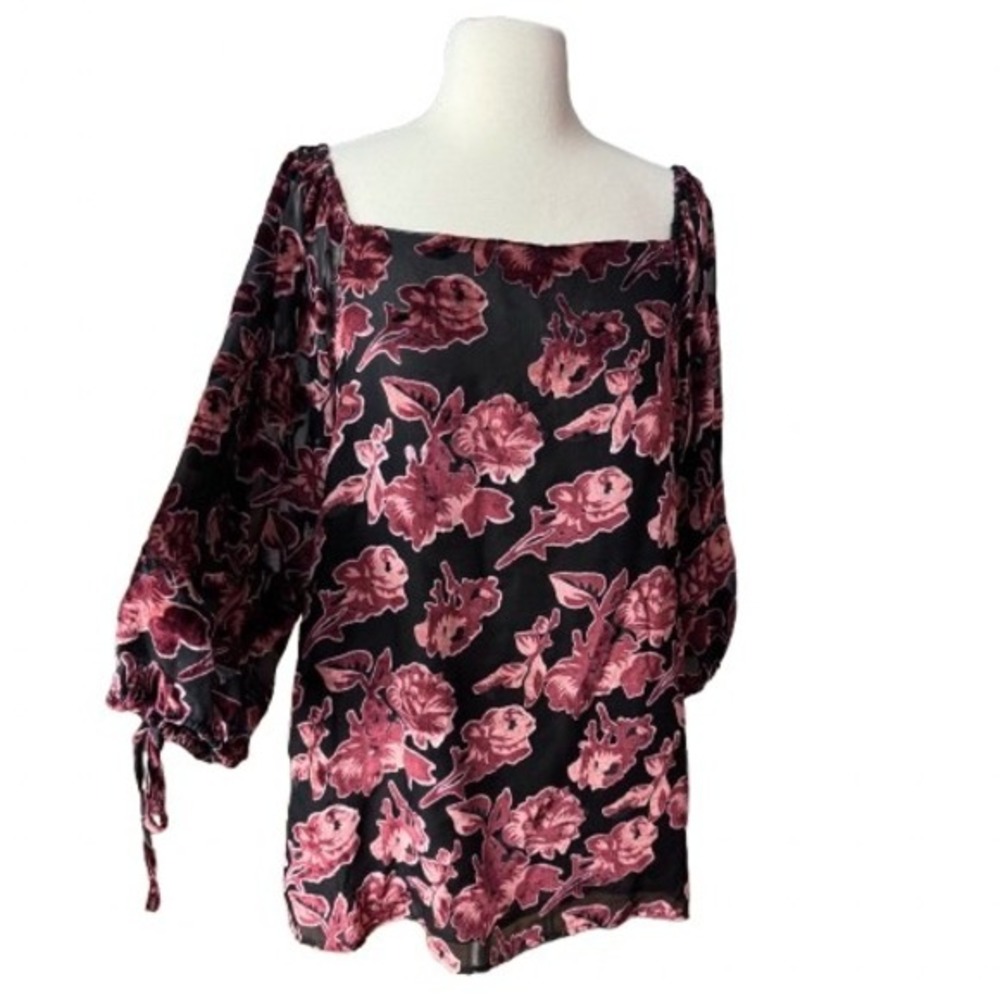 y2k Whimsigoth women's Size Large Black Velvet Floral‎ Burnout Peasant Top Goth